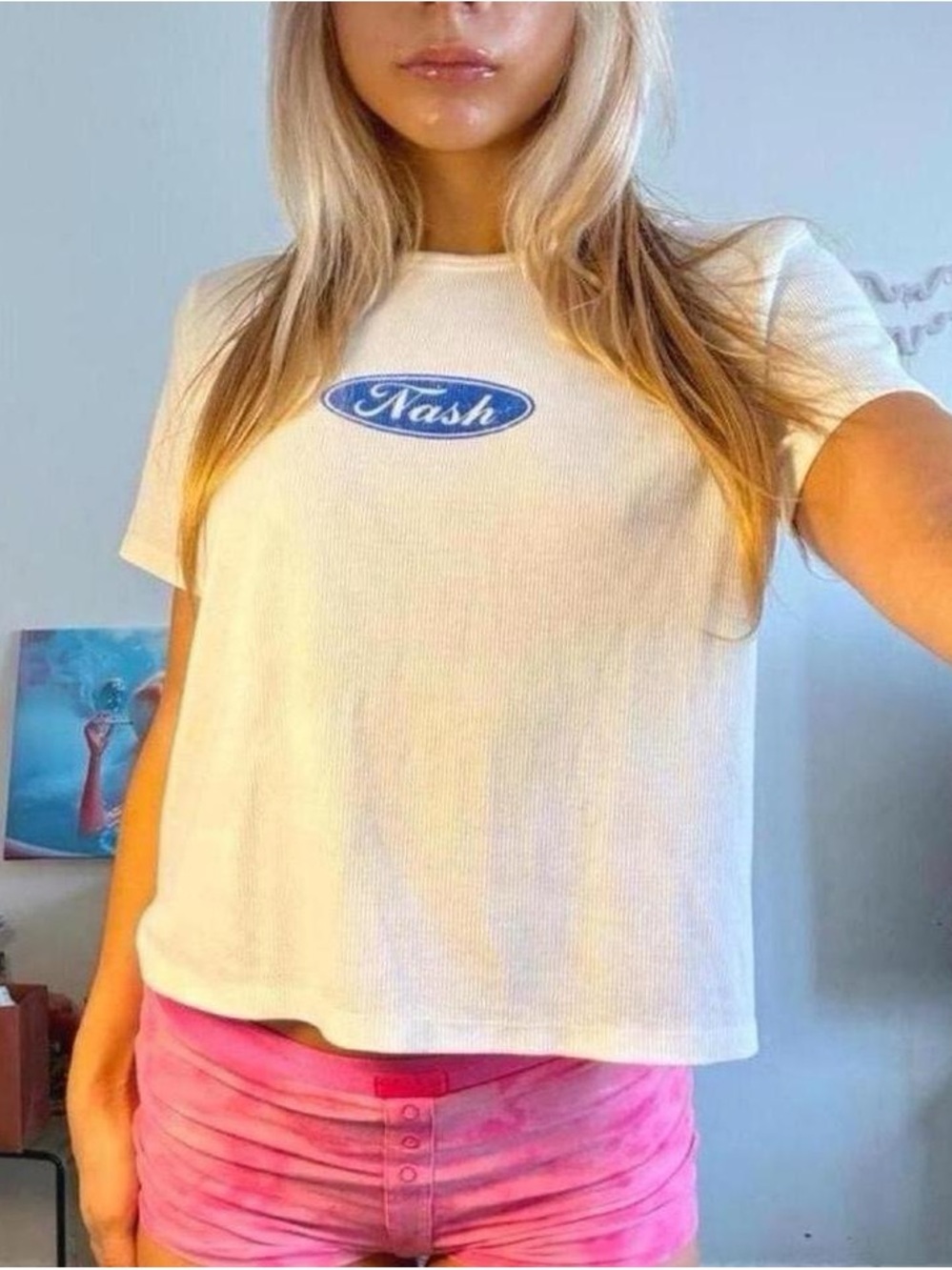 white nash nashville ford logo graphic print ribbed short sleeve cotton t-shirt